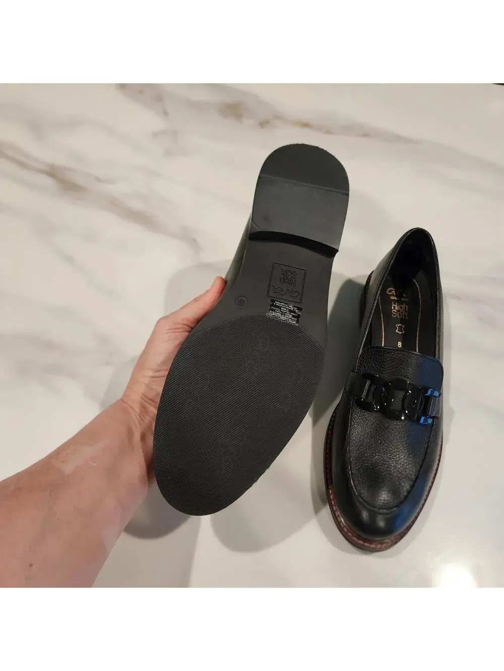 Ara Black Leather Loafers Women's Size 8 Chain Accent Comfort Shoes NWOB